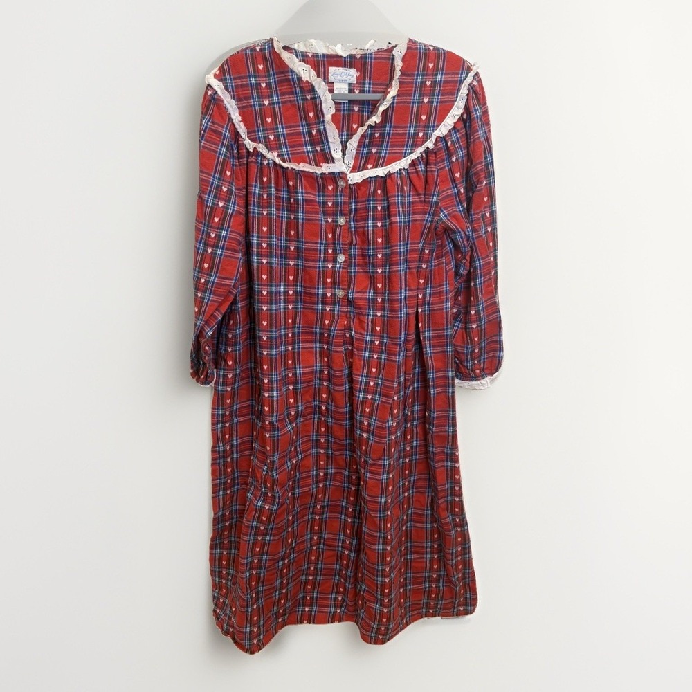 Lanz Of Salzburg Nightgown Womens XL Red Plaid Heart Flannel Henley Long Sleeve